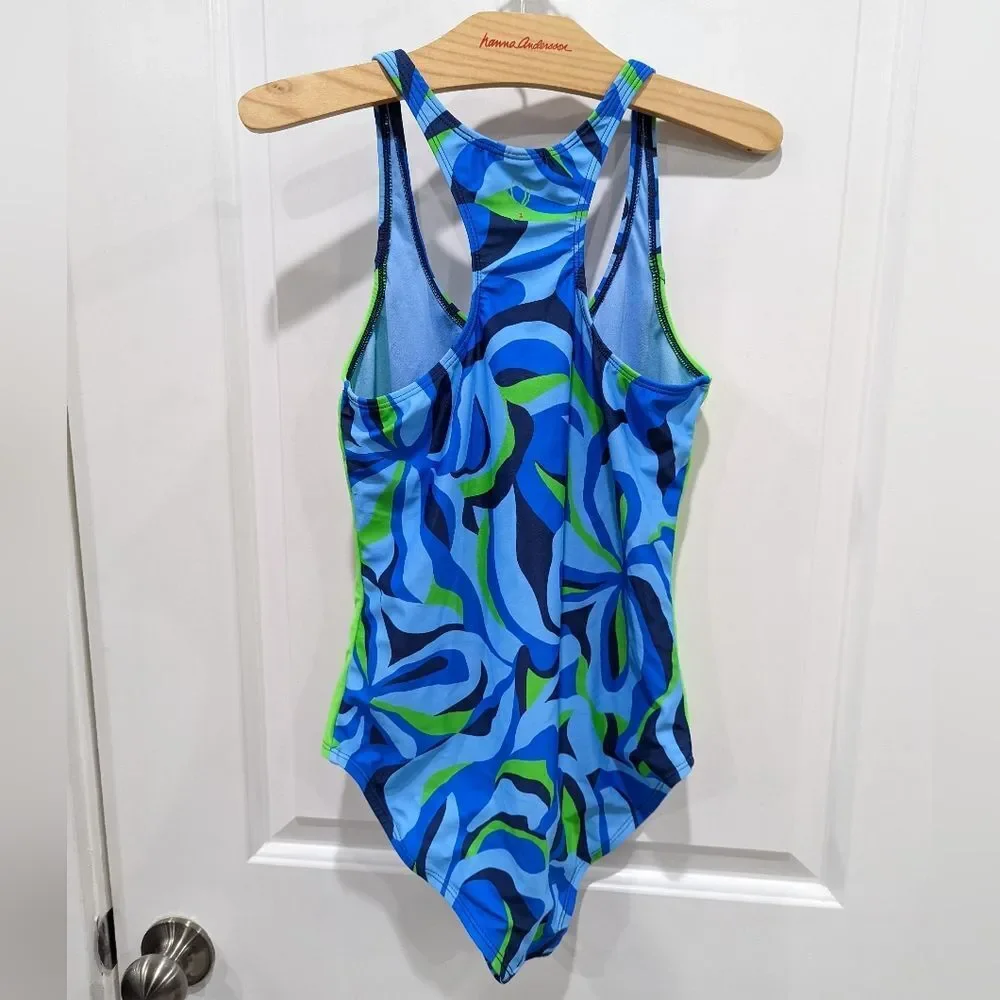 Spyder Blue Green Colorblock Abstrsct One Piece Swimsuit Girls Large 12 14